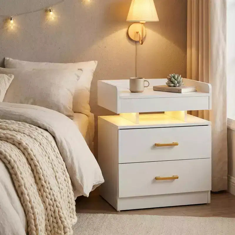 Comodino FurnitureR con luci LED e ricarica USB, tavolino sospeso con 2 cassetti, comodino moderno per camera da letto, soggiorno, ufficio