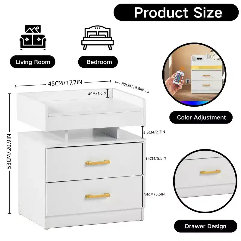 Comodino FurnitureR con luci LED e ricarica USB, tavolino sospeso con 2 cassetti, comodino moderno per camera da letto, soggiorno, ufficio