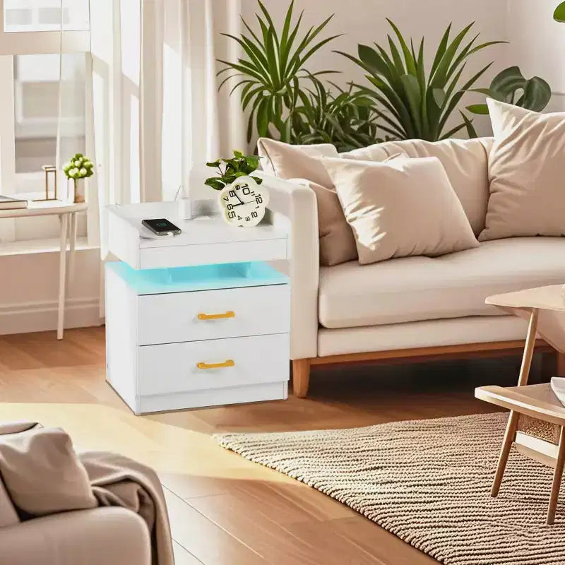 Comodino FurnitureR con luci LED e ricarica USB, tavolino sospeso con 2 cassetti, comodino moderno per camera da letto, soggiorno, ufficio