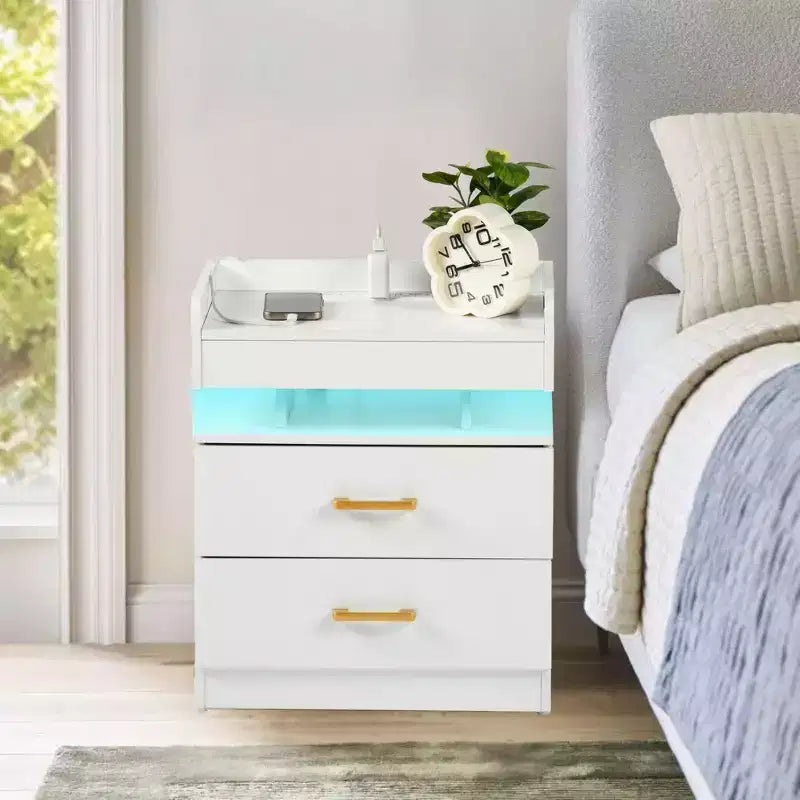 Comodino FurnitureR con luci LED e ricarica USB, tavolino sospeso con 2 cassetti, comodino moderno per camera da letto, soggiorno, ufficio