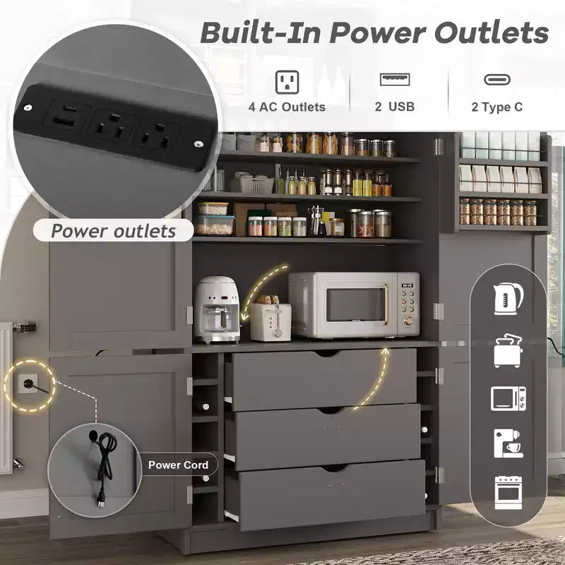 GDFStudio Hallie Dispensa Grande per Cucina Stile Shaker con 2 Prese Elettriche, Ripiani Regolabili e Mensole sull'Anta