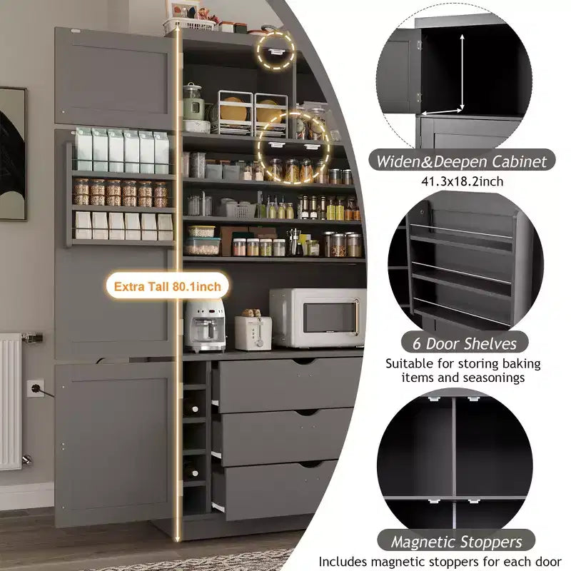 GDFStudio Hallie Dispensa Grande per Cucina Stile Shaker con 2 Prese Elettriche, Ripiani Regolabili e Mensole sull'Anta