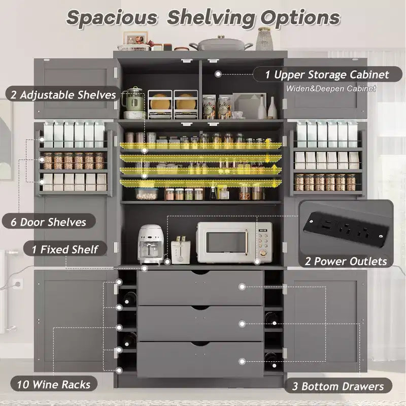 GDFStudio Hallie Dispensa Grande per Cucina Stile Shaker con 2 Prese Elettriche, Ripiani Regolabili e Mensole sull'Anta