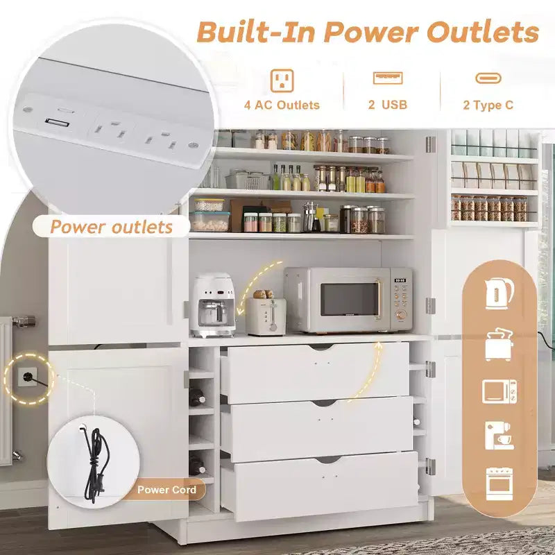 GDFStudio Hallie Dispensa Grande per Cucina Stile Shaker con 2 Prese Elettriche, Ripiani Regolabili e Mensole sull'Anta