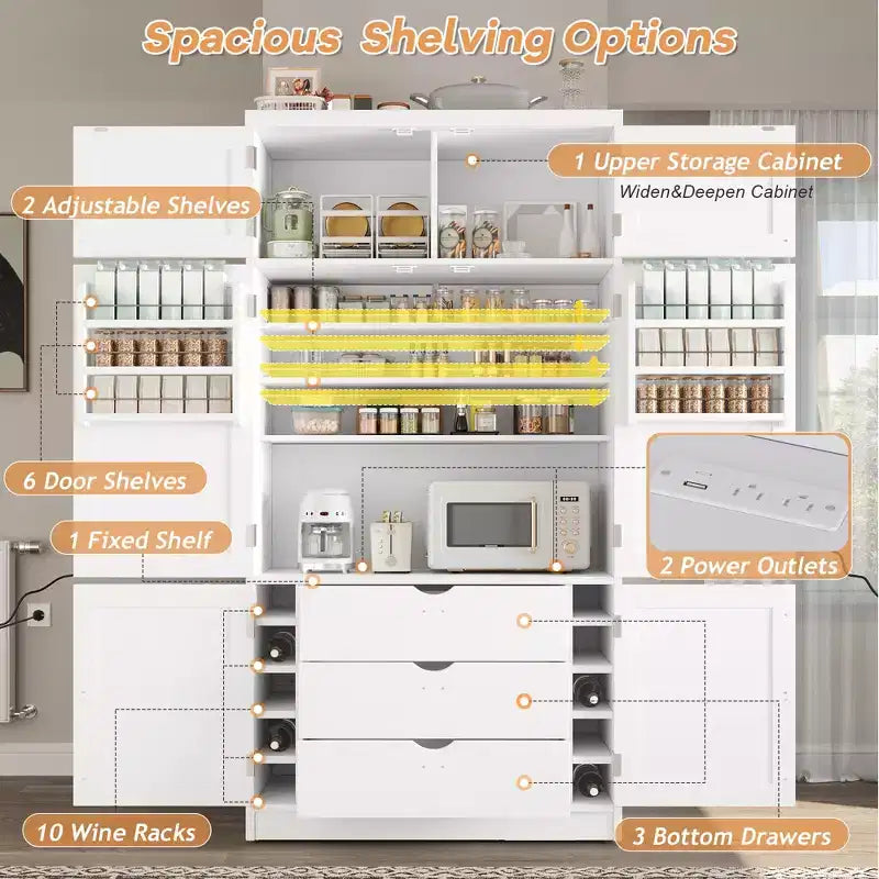 GDFStudio Hallie Dispensa Grande per Cucina Stile Shaker con 2 Prese Elettriche, Ripiani Regolabili e Mensole sull'Anta