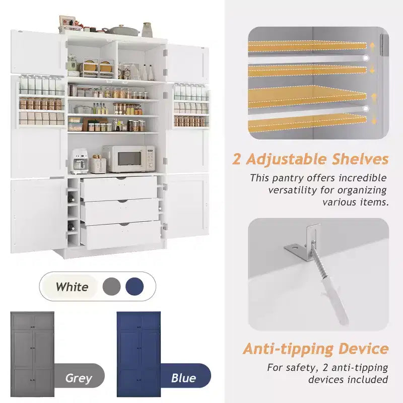GDFStudio Hallie Dispensa Grande per Cucina Stile Shaker con 2 Prese Elettriche, Ripiani Regolabili e Mensole sull'Anta