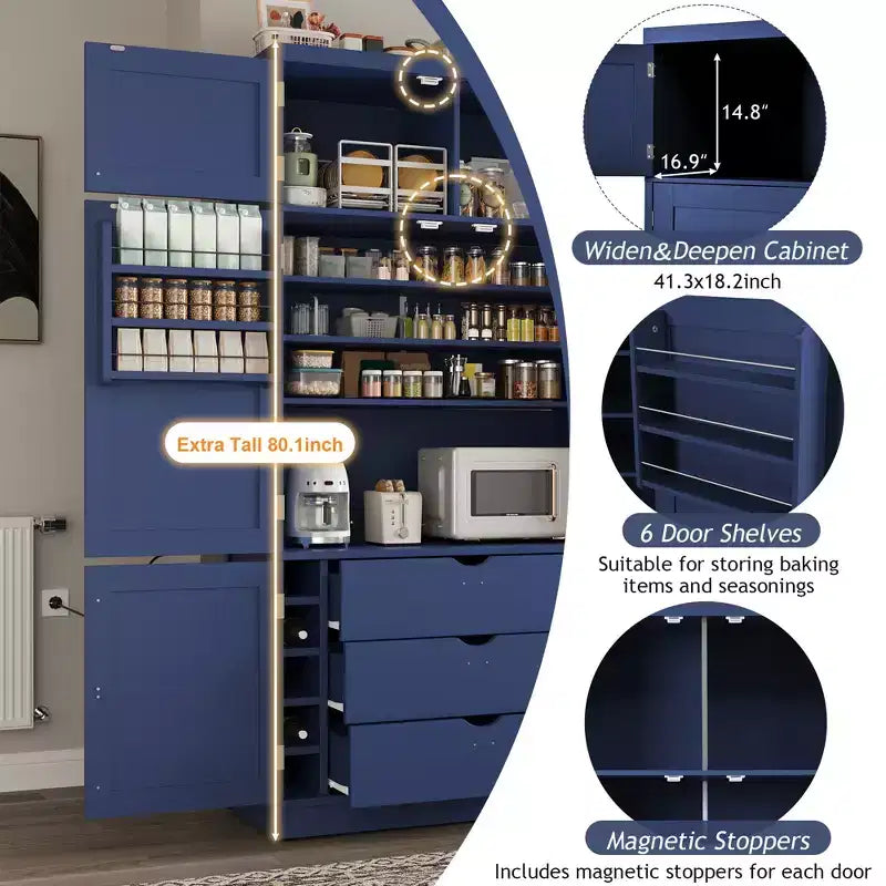 GDFStudio Hallie Dispensa Grande per Cucina Stile Shaker con 2 Prese Elettriche, Ripiani Regolabili e Mensole sull'Anta