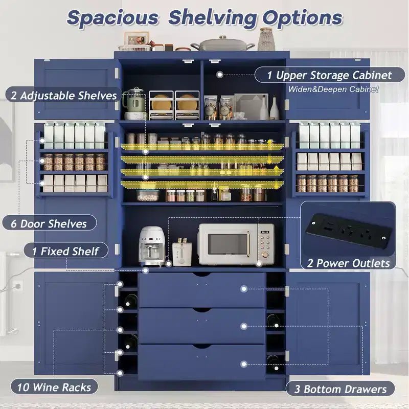 GDFStudio Hallie Dispensa Grande per Cucina Stile Shaker con 2 Prese Elettriche, Ripiani Regolabili e Mensole sull'Anta