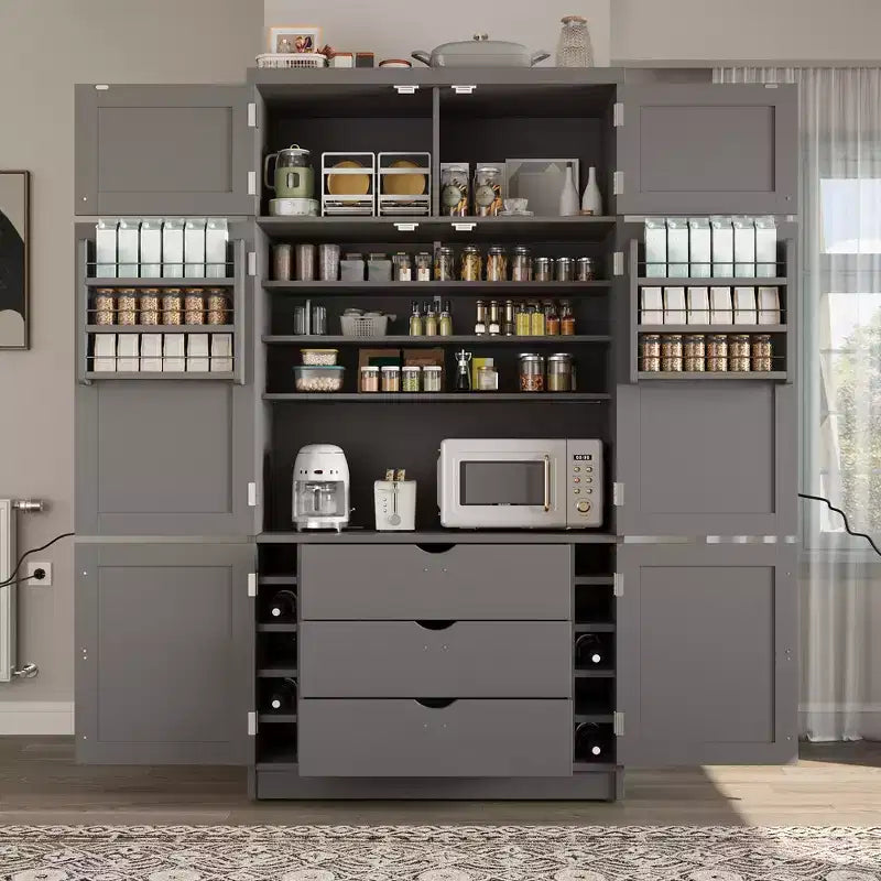 GDFStudio Hallie Dispensa Grande per Cucina Stile Shaker con 2 Prese Elettriche, Ripiani Regolabili e Mensole sull'Anta