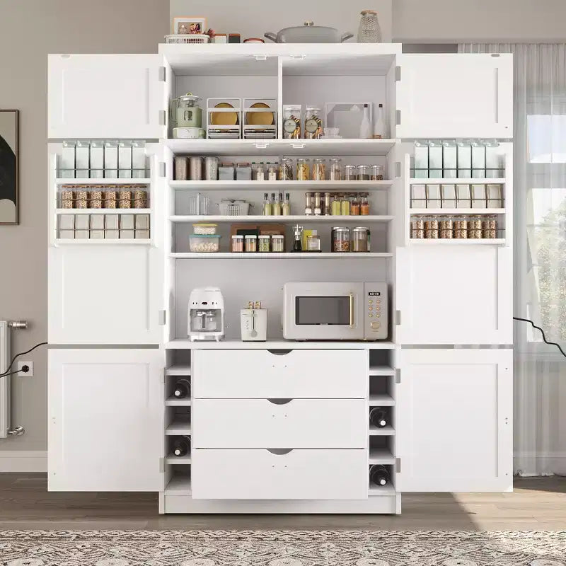 GDFStudio Hallie Dispensa Grande per Cucina Stile Shaker con 2 Prese Elettriche, Ripiani Regolabili e Mensole sull'Anta