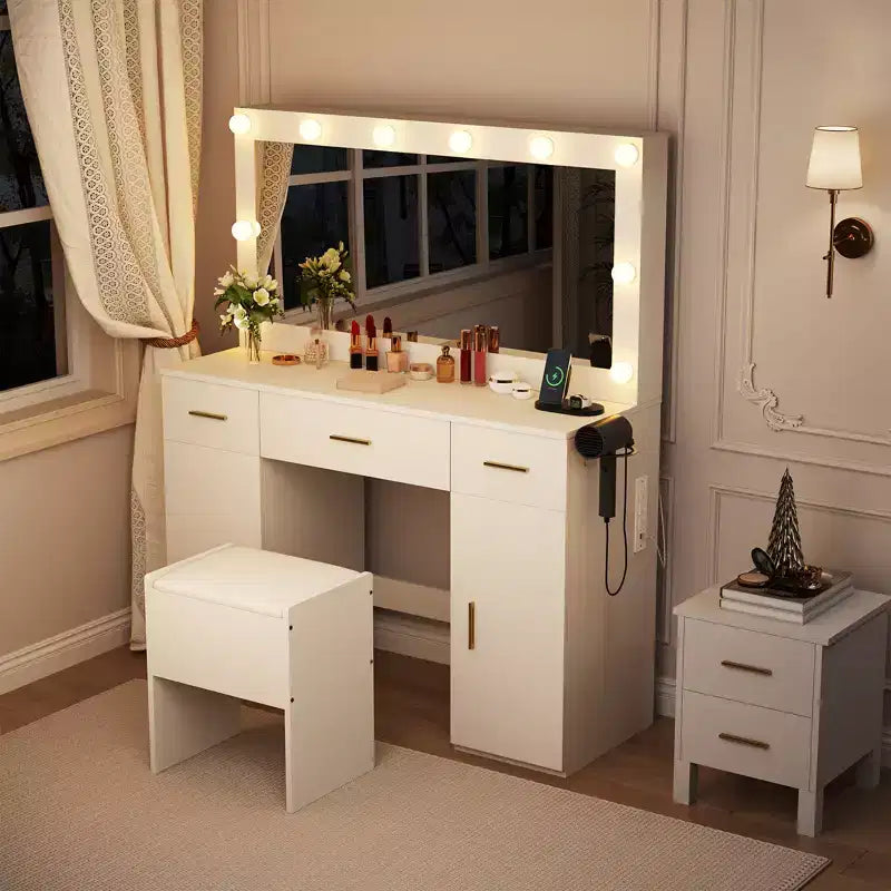 Toeletta per Trucco con Specchio, Tavolo da Trucco Moderno Bianco con Cassetti, Sgabello Contenitore, Set Trucco in Legno per Camera da Letto Appartamento