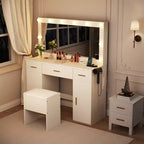 Toeletta per Trucco con Specchio, Tavolo da Trucco Moderno Bianco con Cassetti, Sgabello Contenitore, Set Trucco in Legno per Camera da Letto Appartamento