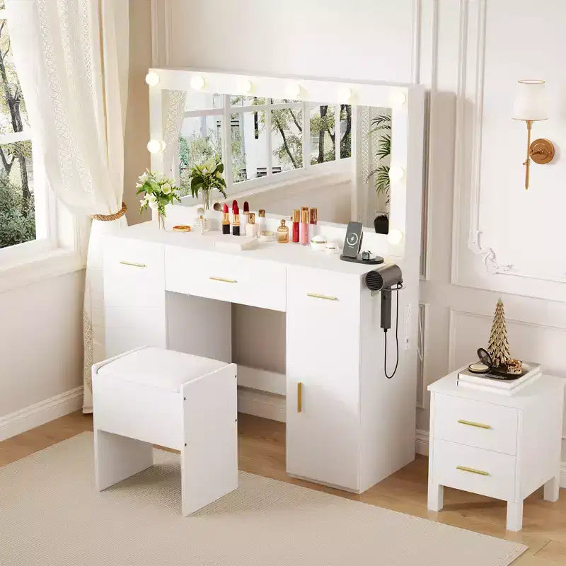 Toeletta per Trucco con Specchio, Tavolo da Trucco Moderno Bianco con Cassetti, Sgabello Contenitore, Set Trucco in Legno per Camera da Letto Appartamento