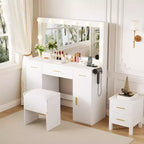 Toeletta per Trucco con Specchio, Tavolo da Trucco Moderno Bianco con Cassetti, Sgabello Contenitore, Set Trucco in Legno per Camera da Letto Appartamento
