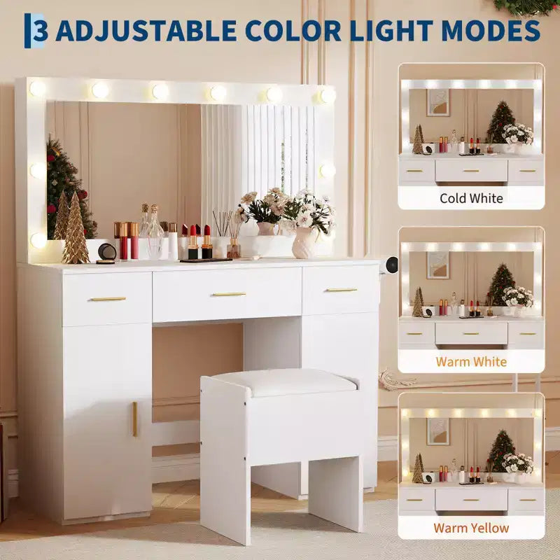 Toeletta per Trucco con Specchio, Tavolo da Trucco Moderno Bianco con Cassetti, Sgabello Contenitore, Set Trucco in Legno per Camera da Letto Appartamento