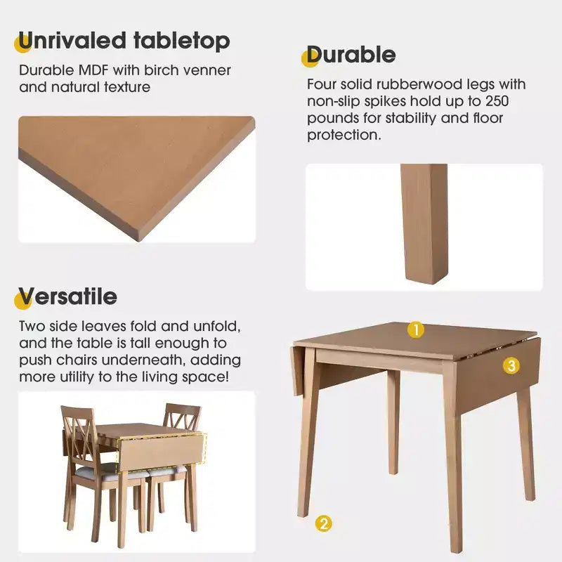 Set tavolo da pranzo allungabile con 2 sedie imbottite, perfetto per aree compatte, dimensioni da 70,8x74,9 cm a 116x74,9 cm