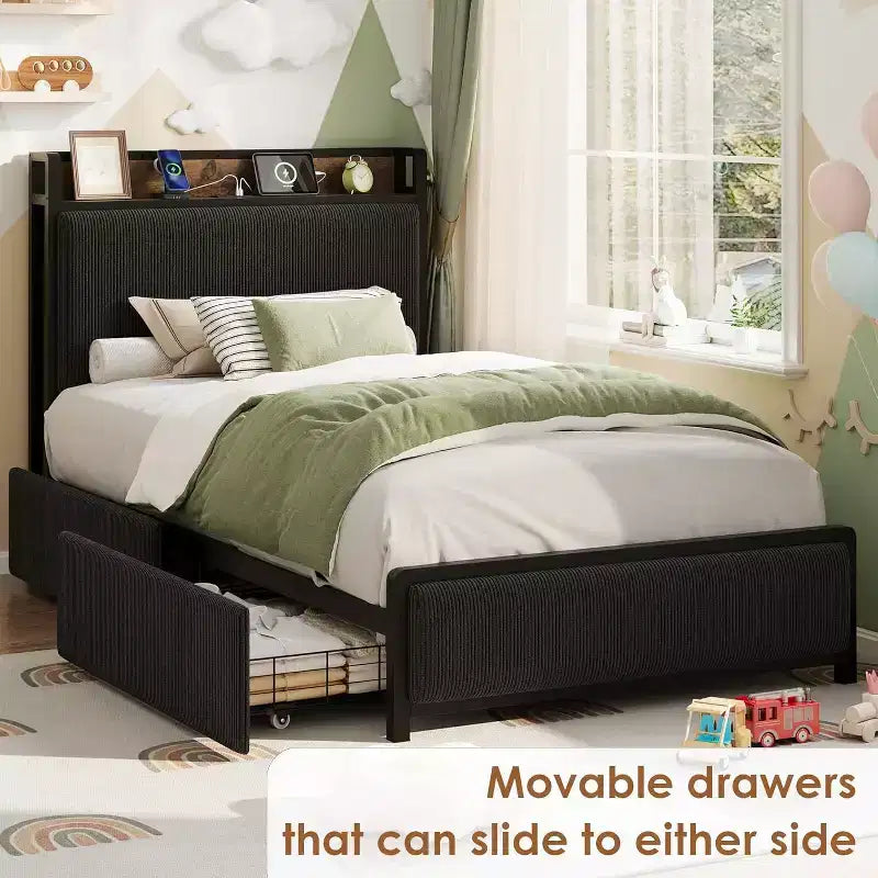Base letto Twin-XL con testiera contenitore, struttura letto singola imbottita in velluto a coste nero con cassetti contenitore