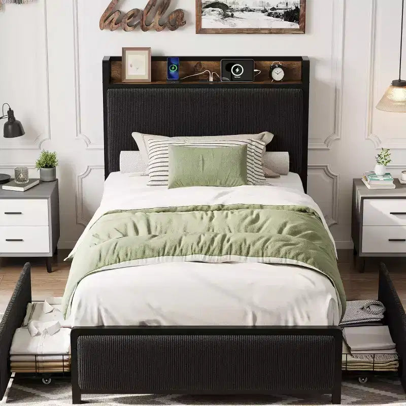 Base letto Twin-XL con testiera contenitore, struttura letto singola imbottita in velluto a coste nero con cassetti contenitore