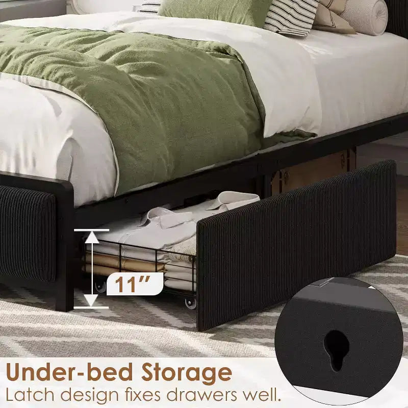 Base letto Twin-XL con testiera contenitore, struttura letto singola imbottita in velluto a coste nero con cassetti contenitore