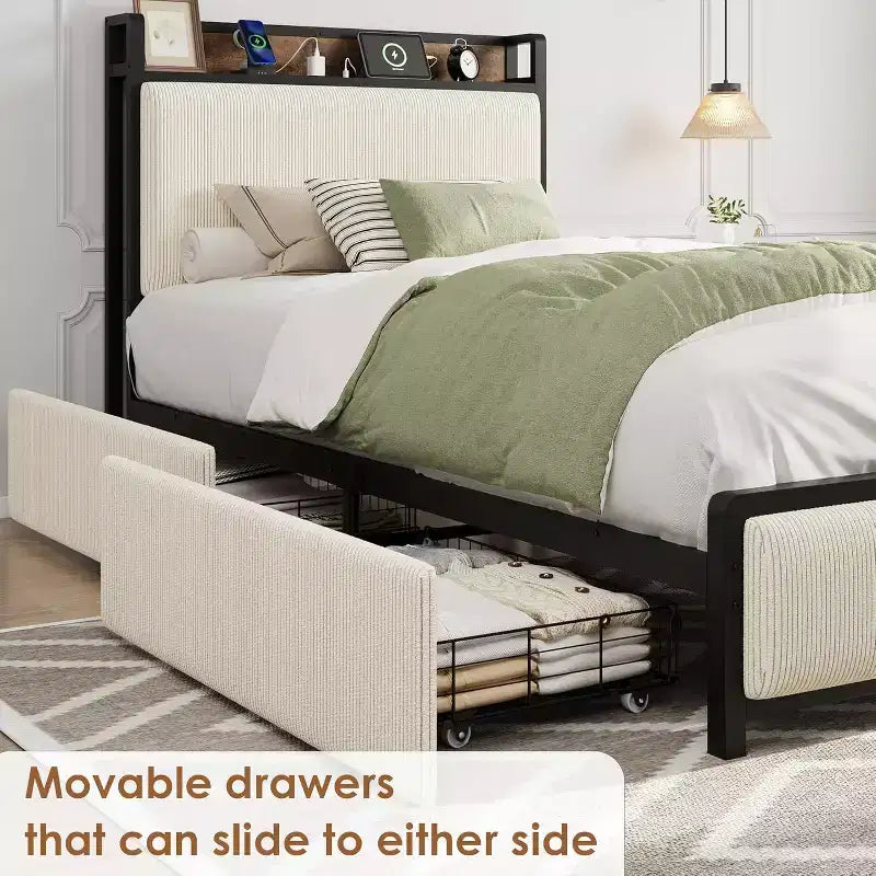 Base letto Twin-XL con testiera contenitore, struttura letto singola imbottita in velluto a coste nero con cassetti contenitore