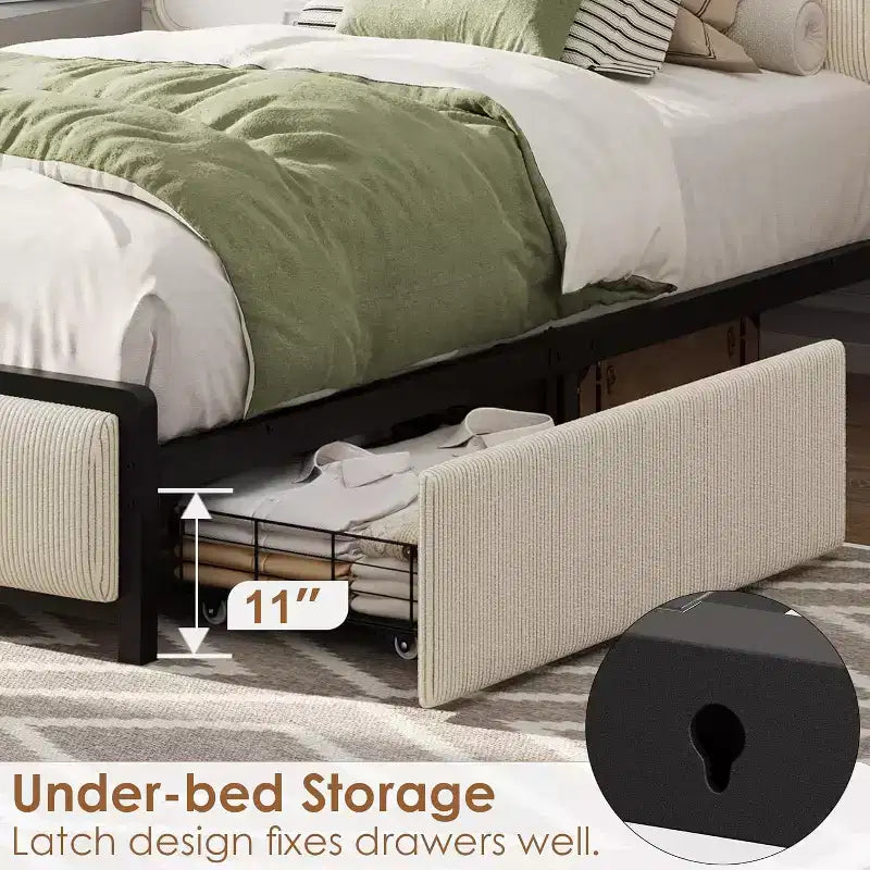 Base letto Twin-XL con testiera contenitore, struttura letto singola imbottita in velluto a coste nero con cassetti contenitore