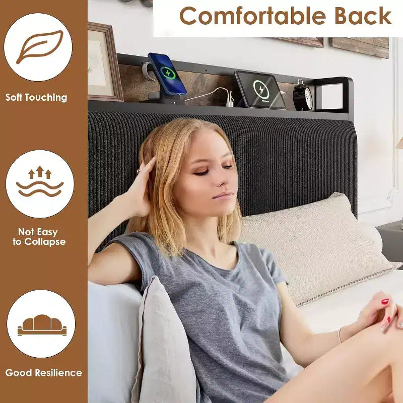 Base letto Twin-XL con testiera contenitore, struttura letto singola imbottita in velluto a coste nero con cassetti contenitore