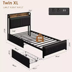 Base letto Twin-XL con testiera contenitore, struttura letto singola imbottita in velluto a coste nero con cassetti contenitore