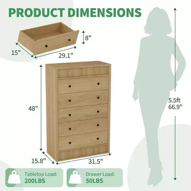 Cassettiera moderna in legno, comò a 5 cassetti scanalati, largo 80 cm, ideale per camerette, corridoi e soggiorni