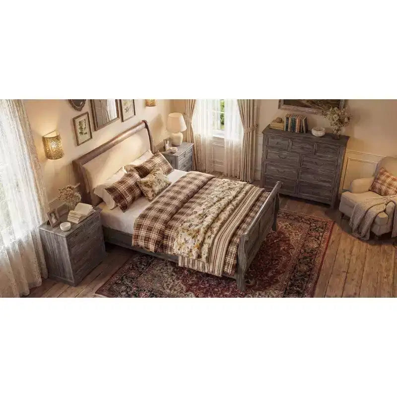 Comodino Famapy Farmhouse, Comò a 5 Cassetti con Pomelli in Bronzo Antico, per Camera da Letto, Comodino Cassettiera Effetto Invecchiato