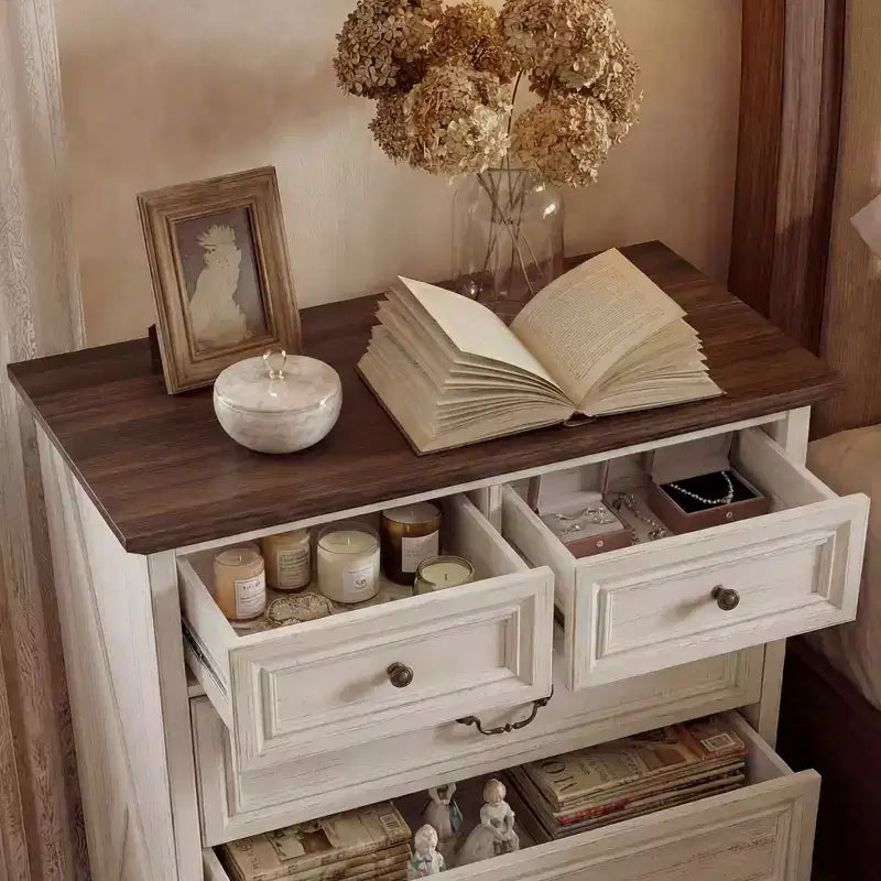 Comodino Famapy Farmhouse, Comò a 5 Cassetti con Pomelli in Bronzo Antico, per Camera da Letto, Comodino Cassettiera Effetto Invecchiato