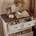 Comodino Famapy Farmhouse, Comò a 5 Cassetti con Pomelli in Bronzo Antico, per Camera da Letto, Comodino Cassettiera Effetto Invecchiato