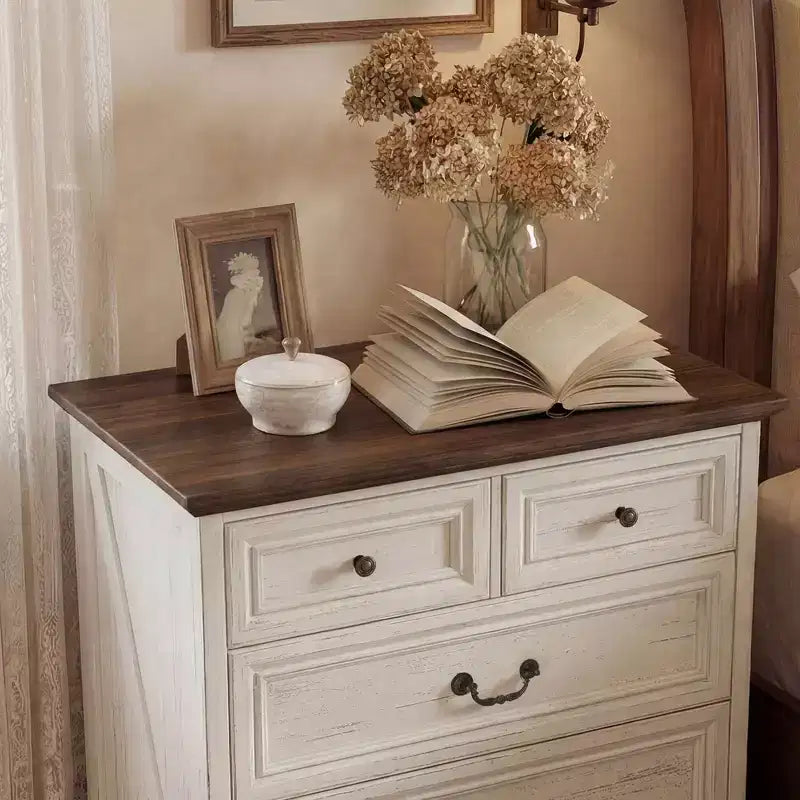 Comodino Famapy Farmhouse, Comò a 5 Cassetti con Pomelli in Bronzo Antico, per Camera da Letto, Comodino Cassettiera Effetto Invecchiato