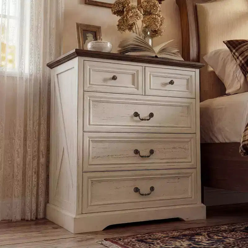 Comodino Famapy Farmhouse, Comò a 5 Cassetti con Pomelli in Bronzo Antico, per Camera da Letto, Comodino Cassettiera Effetto Invecchiato