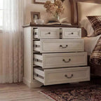 Comodino Famapy Farmhouse, Comò a 5 Cassetti con Pomelli in Bronzo Antico, per Camera da Letto, Comodino Cassettiera Effetto Invecchiato