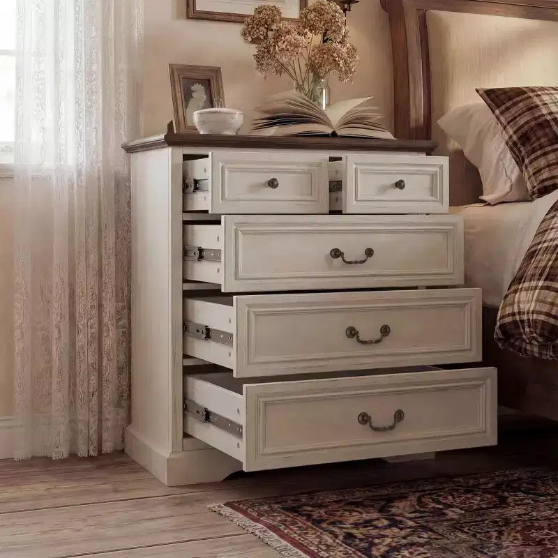 Comodino Famapy Farmhouse, Comò a 5 Cassetti con Pomelli in Bronzo Antico, per Camera da Letto, Comodino Cassettiera Effetto Invecchiato