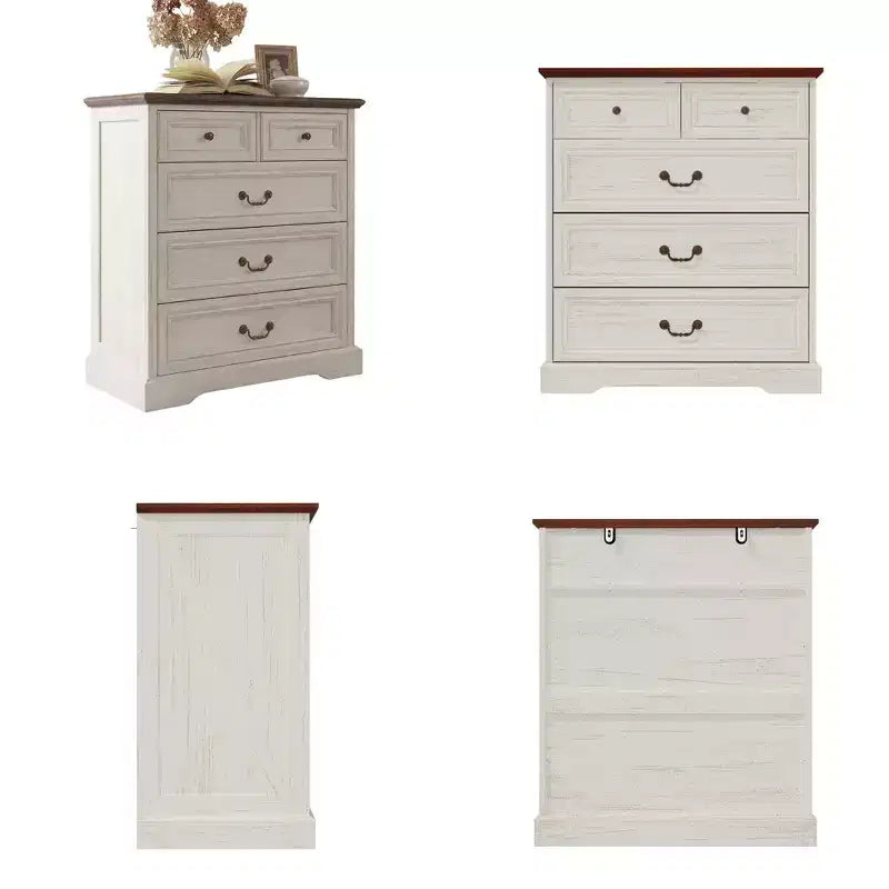 Comodino Famapy Farmhouse, Comò a 5 Cassetti con Pomelli in Bronzo Antico, per Camera da Letto, Comodino Cassettiera Effetto Invecchiato