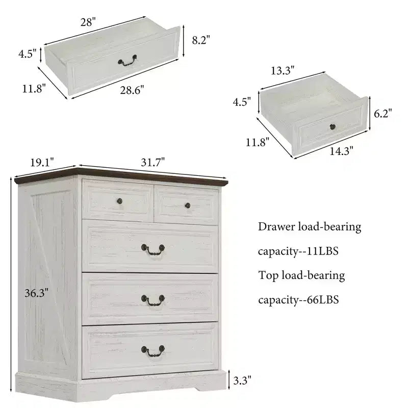 Comodino Famapy Farmhouse, Comò a 5 Cassetti con Pomelli in Bronzo Antico, per Camera da Letto, Comodino Cassettiera Effetto Invecchiato