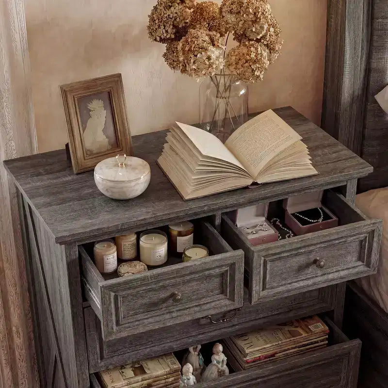 Comodino Famapy Farmhouse, Comò a 5 Cassetti con Pomelli in Bronzo Antico, per Camera da Letto, Comodino Cassettiera Effetto Invecchiato