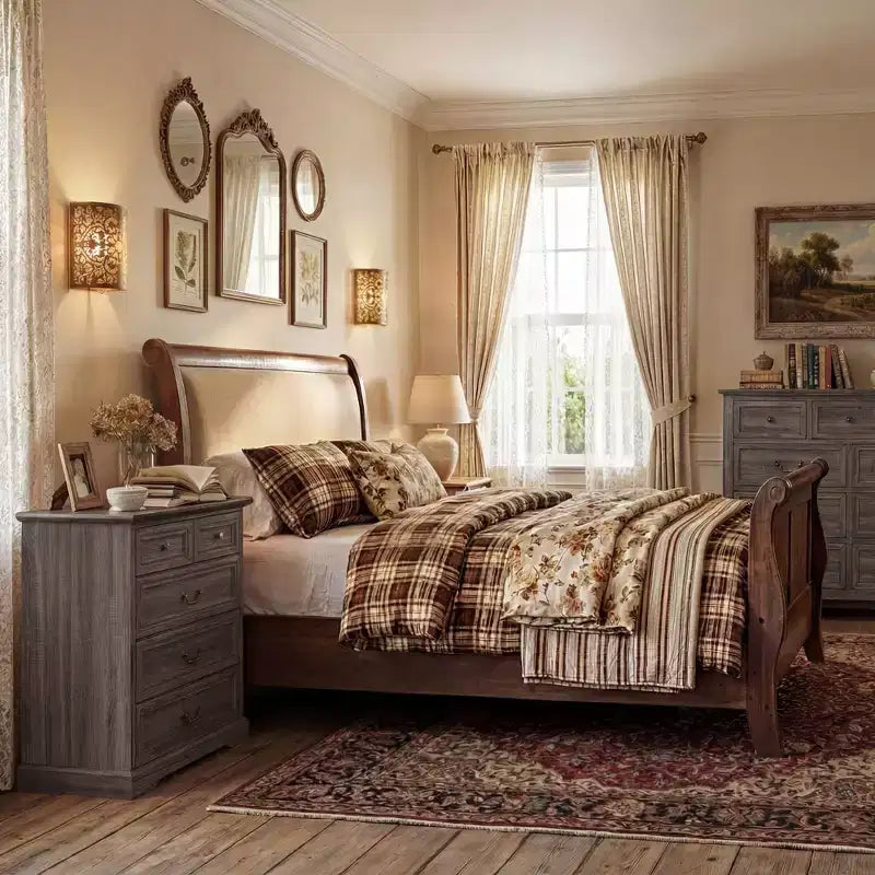 Comodino Famapy Farmhouse, Comò a 5 Cassetti con Pomelli in Bronzo Antico, per Camera da Letto, Comodino Cassettiera Effetto Invecchiato