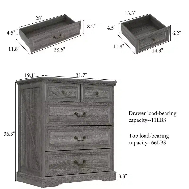 Comodino Famapy Farmhouse, Comò a 5 Cassetti con Pomelli in Bronzo Antico, per Camera da Letto, Comodino Cassettiera Effetto Invecchiato