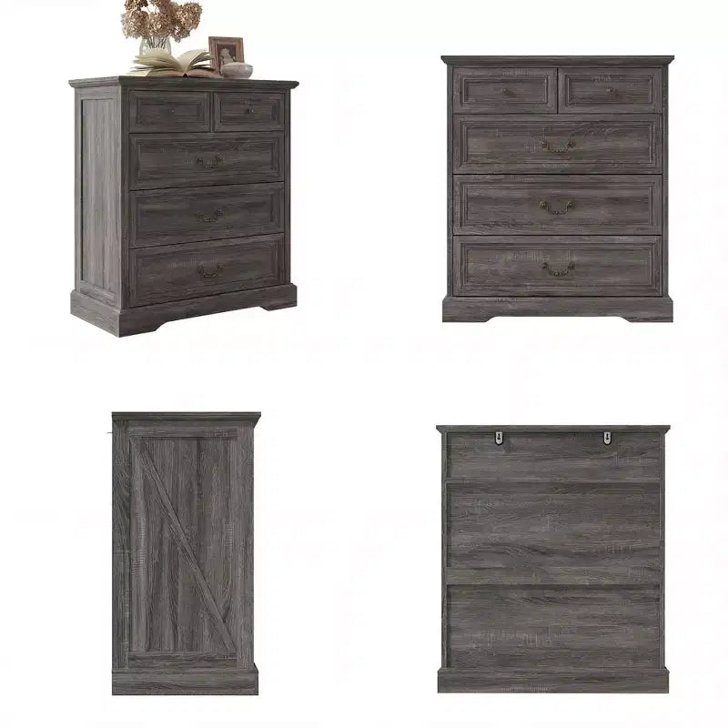 Comodino Famapy Farmhouse, Comò a 5 Cassetti con Pomelli in Bronzo Antico, per Camera da Letto, Comodino Cassettiera Effetto Invecchiato