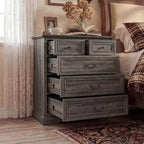 Comodino Famapy Farmhouse, Comò a 5 Cassetti con Pomelli in Bronzo Antico, per Camera da Letto, Comodino Cassettiera Effetto Invecchiato