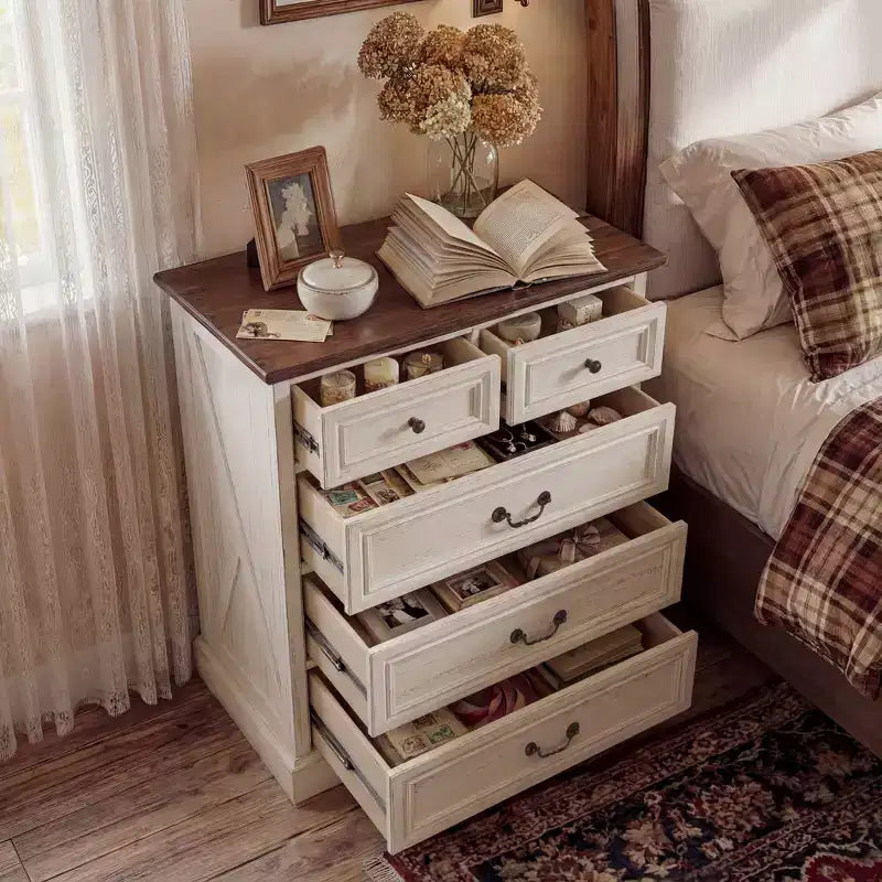 Comodino Famapy Farmhouse, Comò a 5 Cassetti con Pomelli in Bronzo Antico, per Camera da Letto, Comodino Cassettiera Effetto Invecchiato