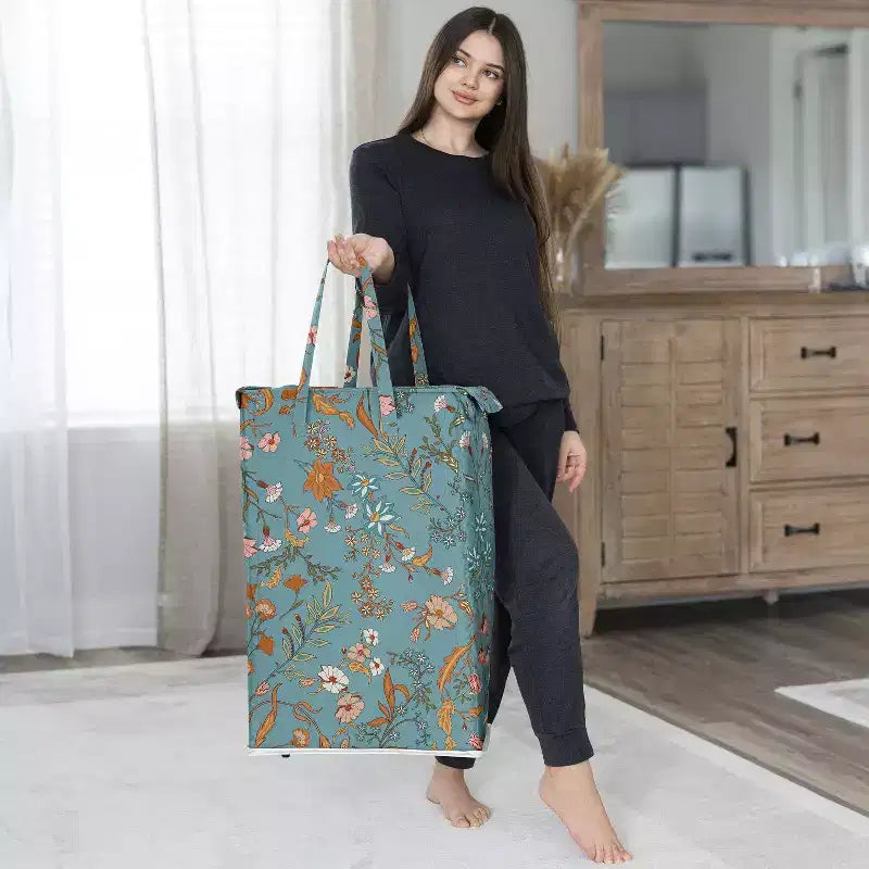 Cesto Portabiancheria Pieghevole per Bambina Sweet Jojo Designs con Manici, Fantasia Floreale Bohemien, Fiori di Campo Blu Arancione e Rosa