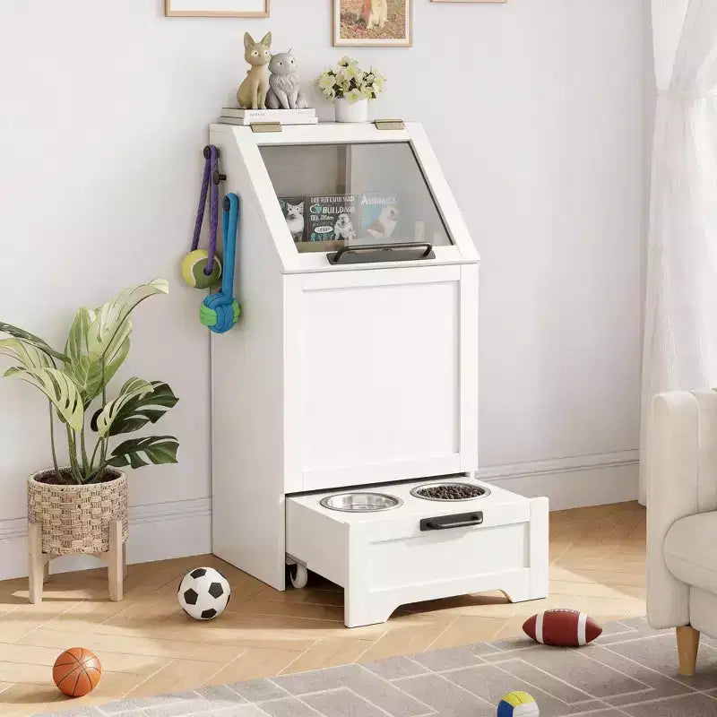 CuisinSmart Stazione di alimentazione per cani con contenitore, Mobiletto per cibo per cani con 2 ciotole rialzate e 3 ganci, Stazione per animali domestici nascosta per soggiorno