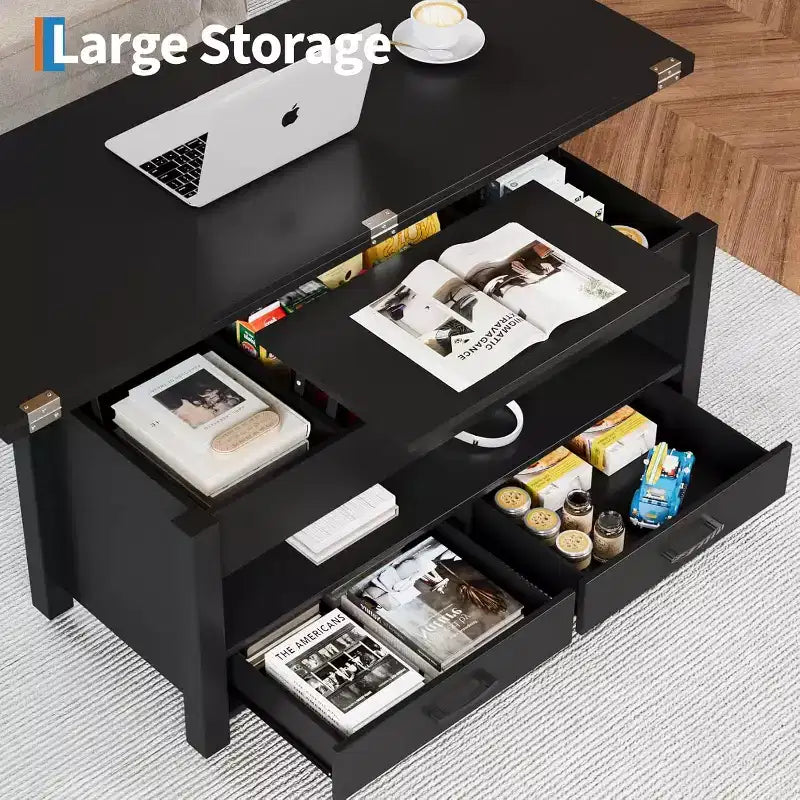 Tavolino da caffè sollevabile sdoppiabile da 100 cm con 2 cassetti, trasformabile in tavolo da pranzo, tavolo centrale moderno e industriale per soggiorno e ufficio