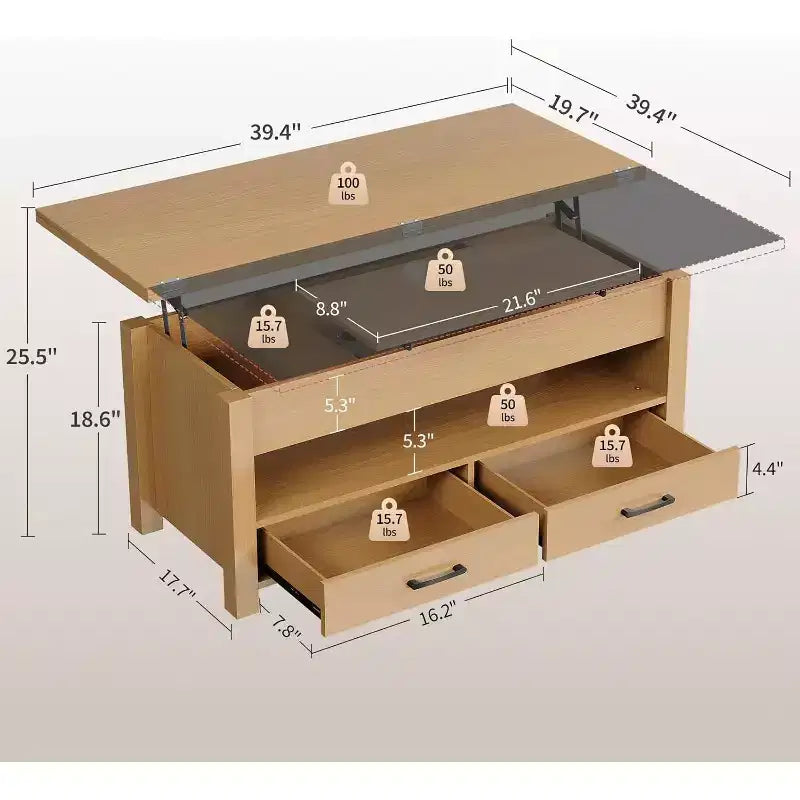 Tavolino da caffè sollevabile sdoppiabile da 100 cm con 2 cassetti, trasformabile in tavolo da pranzo, tavolo centrale moderno e industriale per soggiorno e ufficio