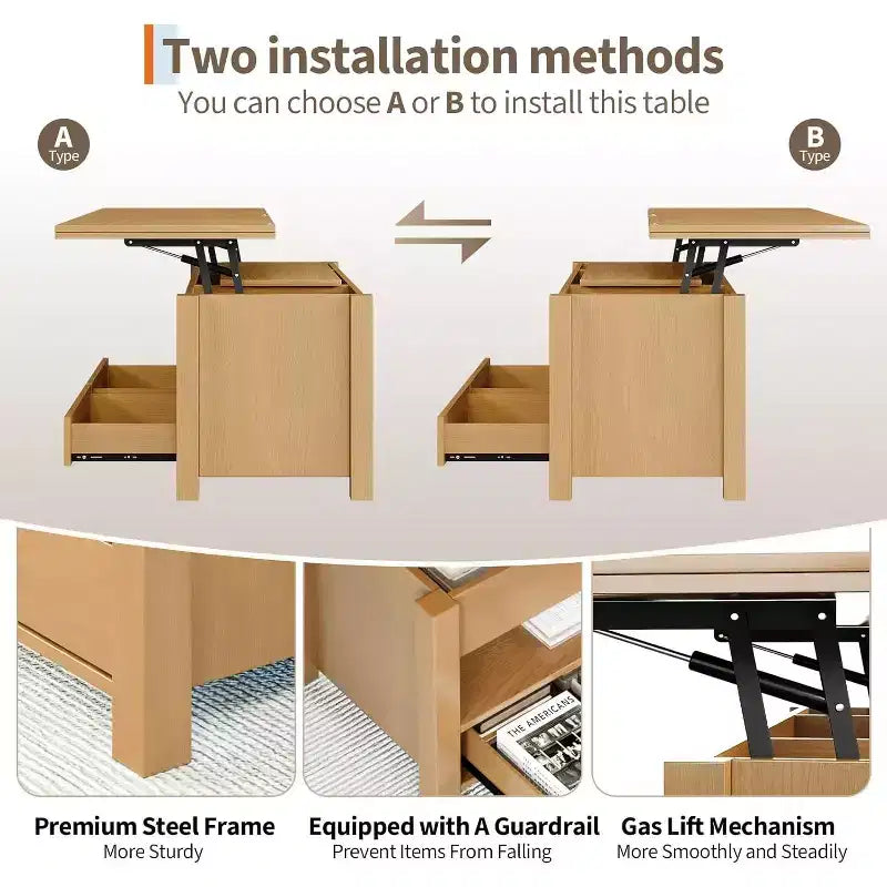 Tavolino da caffè sollevabile sdoppiabile da 100 cm con 2 cassetti, trasformabile in tavolo da pranzo, tavolo centrale moderno e industriale per soggiorno e ufficio