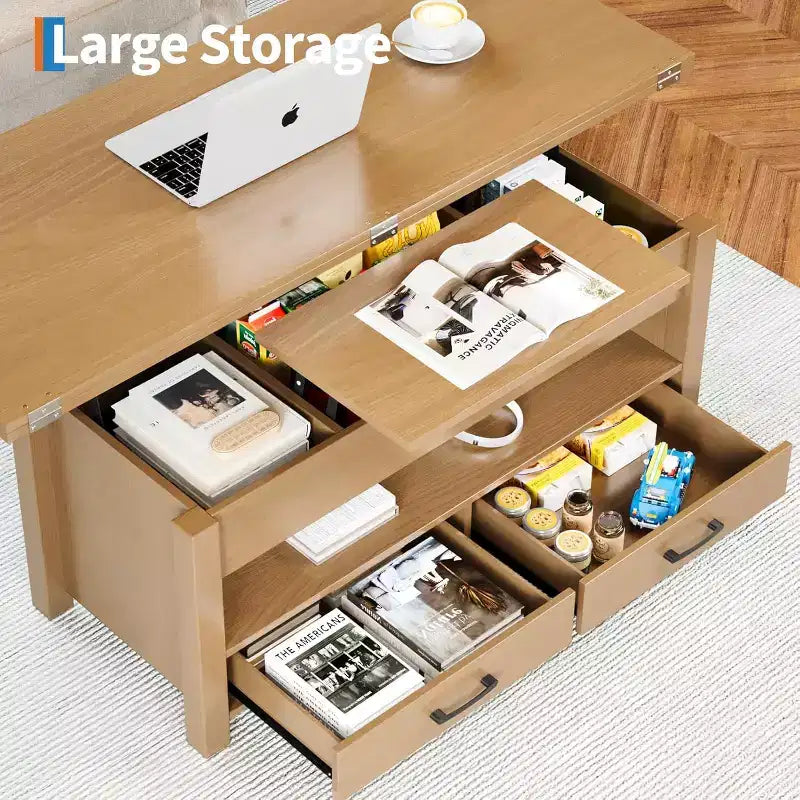 Tavolino da caffè sollevabile sdoppiabile da 100 cm con 2 cassetti, trasformabile in tavolo da pranzo, tavolo centrale moderno e industriale per soggiorno e ufficio