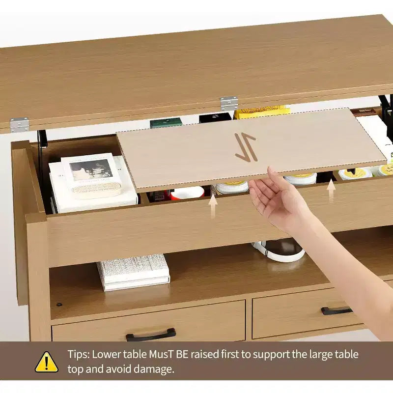 Tavolino da caffè sollevabile sdoppiabile da 100 cm con 2 cassetti, trasformabile in tavolo da pranzo, tavolo centrale moderno e industriale per soggiorno e ufficio